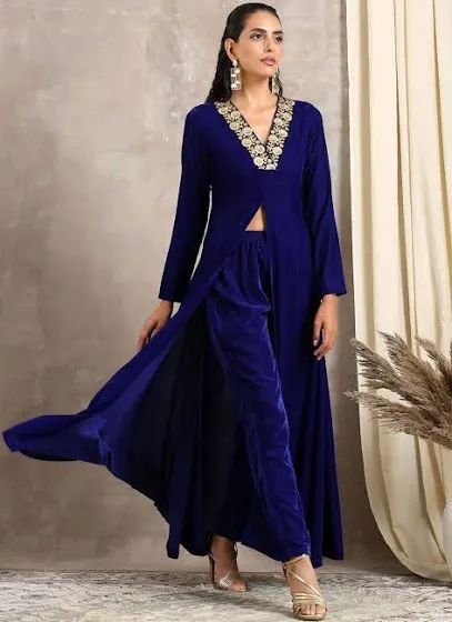 Blue Pure Velvet Suit Set with Thread Embroidery